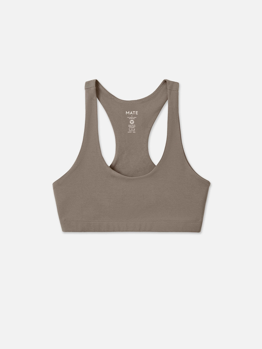 Organic Stretch Sports Bra in Pebble — flat lay product photo