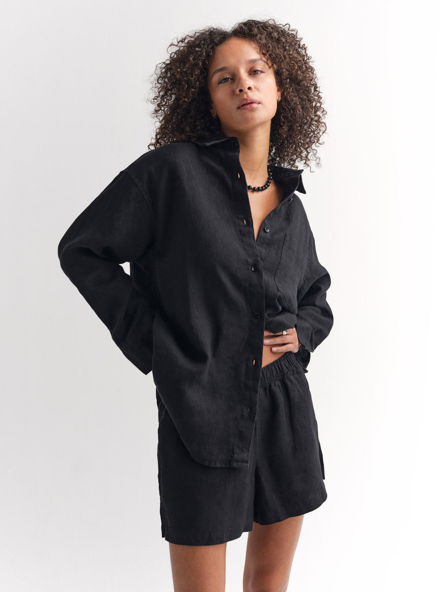 Organic Linen Oversized Button Down-Tops-MATE the Label-JET BLACK-XS-MATE the Label
