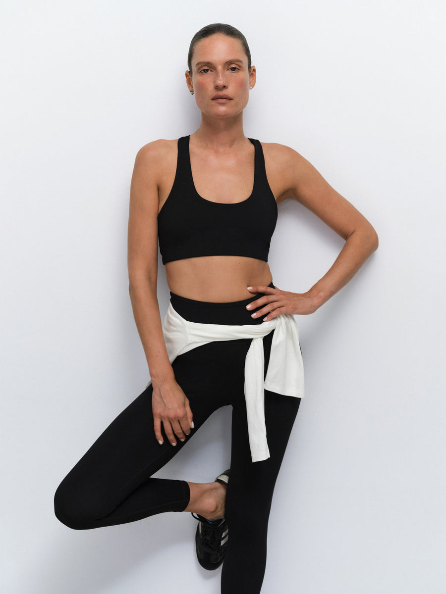 Organic Stretch Sports Bra Midi Legging in Jet Black — product photo