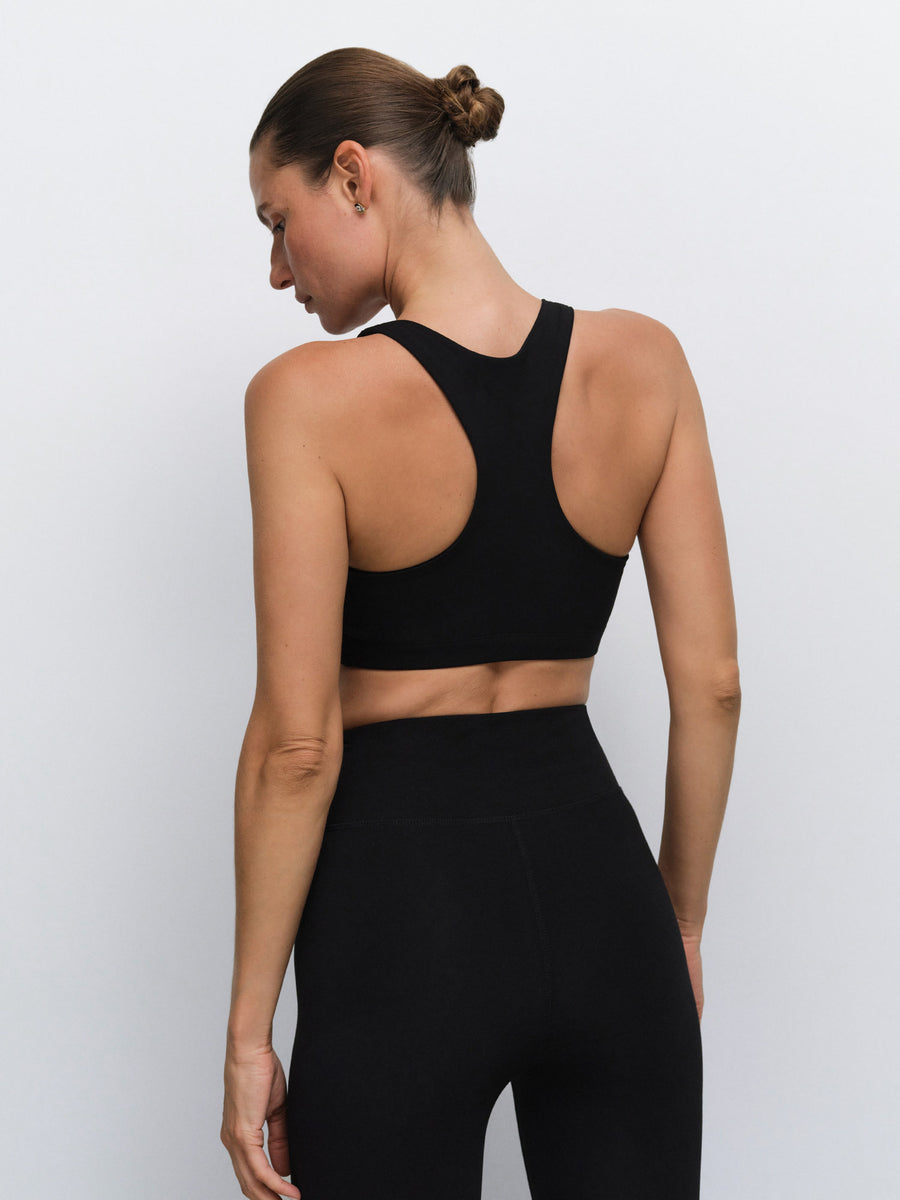 Organic Stretch Sports Bra Midi Legging in Jet Black — product photo