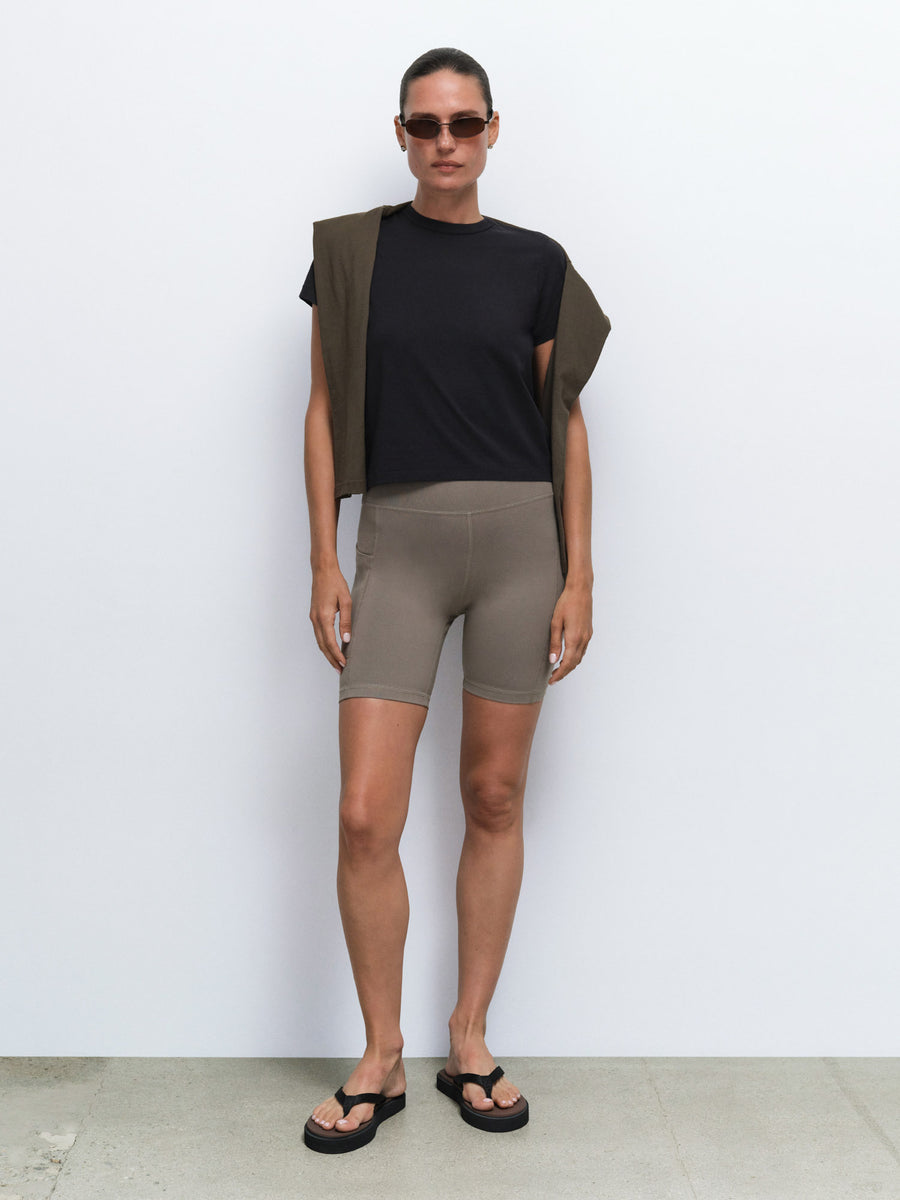 Organic Pima Shrunken Tee Organic Stretch Pocket Short in Jet Black / Pebble — product photo