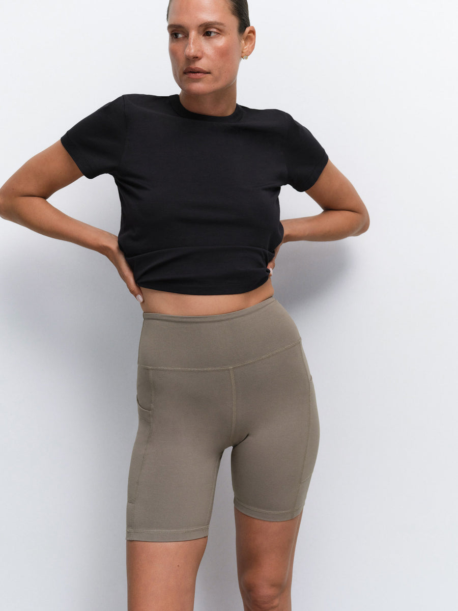 Organic Pima Shrunken Tee Organic Stretch Pocket Short in Jet Black / Pebble — product photo