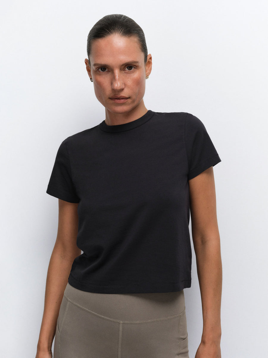Organic Pima Shrunken Tee Organic Stretch Pocket Short in Jet Black / Pebble — product photo