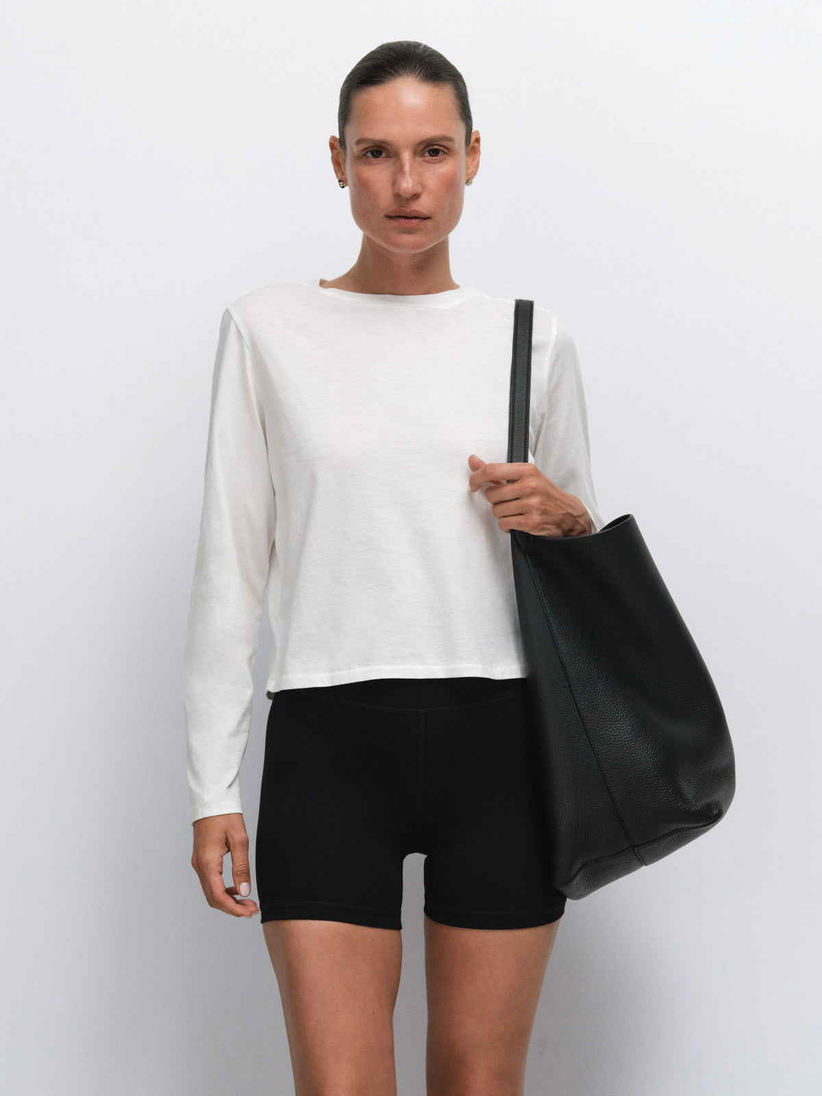 Organic Pima Layering Tank Classic Long Sleeve Tee Organic Stretch Biker Short in Thyme / True White / Jet Black — product photo