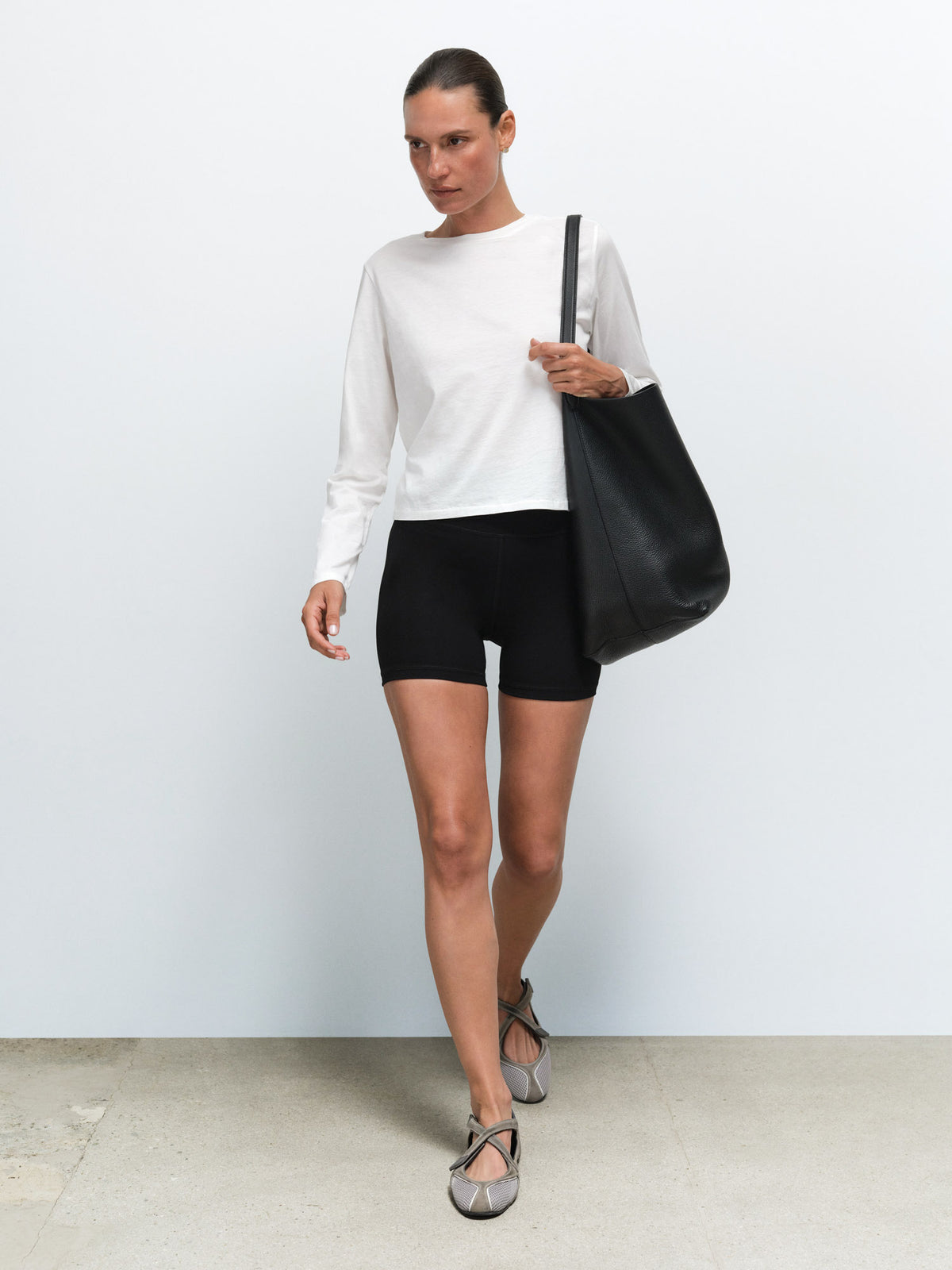 Organic Pima Layering Tank Classic Long Sleeve Tee Organic Stretch Biker Short in Thyme / True White / Jet Black — product photo