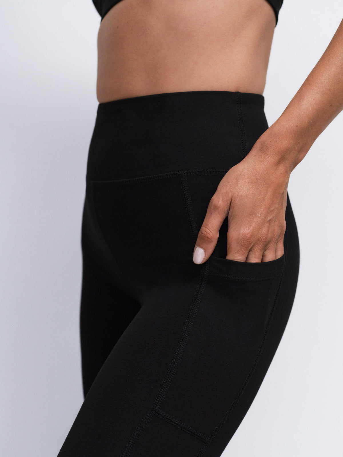 Organic Stretch Vneck Bra Midi Legging With Pockets in Jet Black — product photo