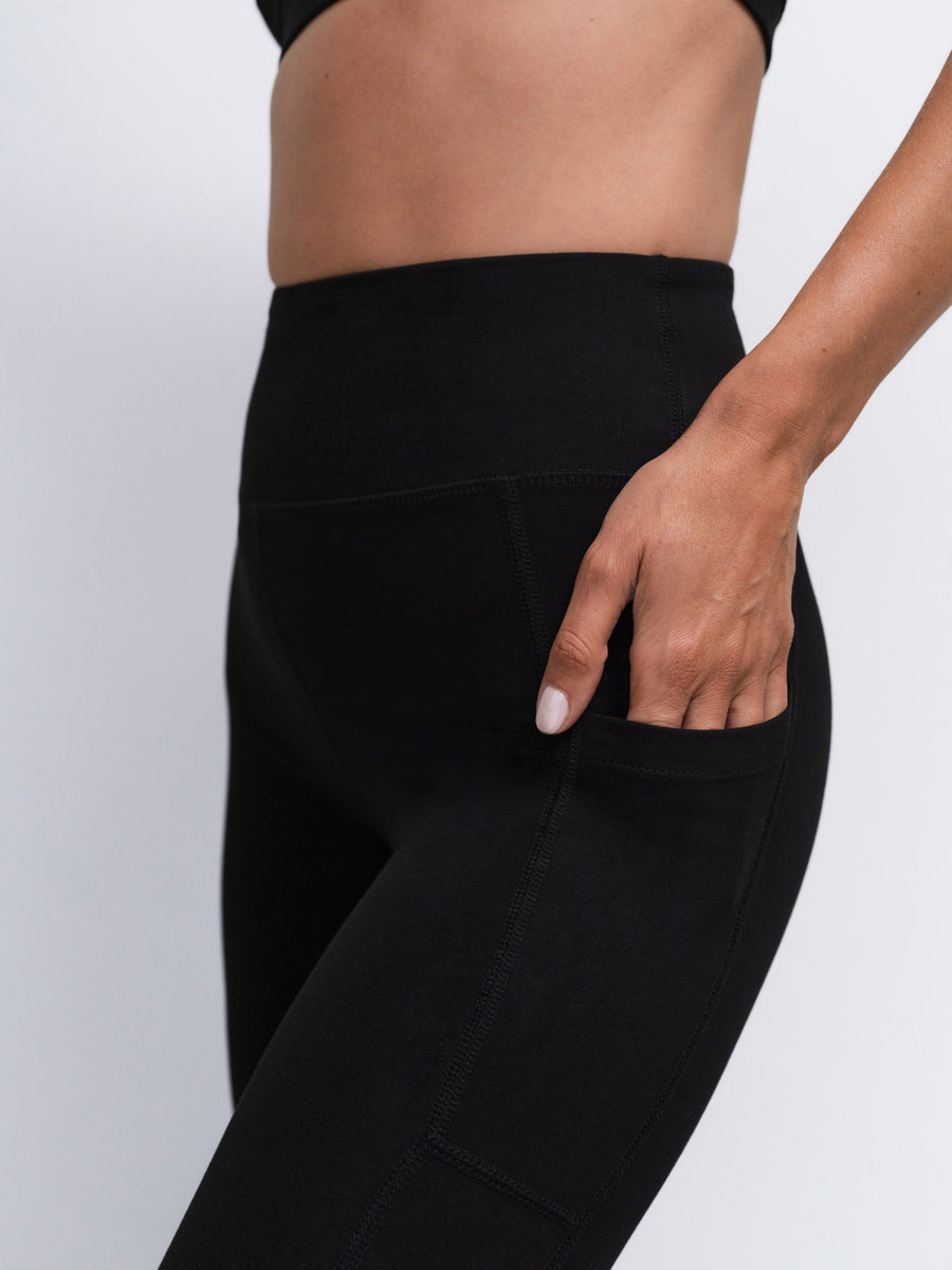Organic Stretch Vneck Bra Midi Legging With Pockets in Jet Black — product photo