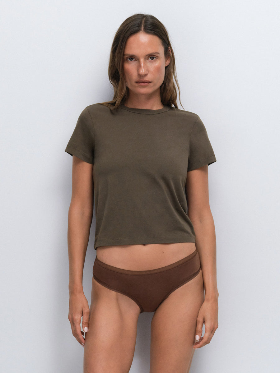 Organic Comfort Triangle Bralette Mid Rise Bikini in Espresso — product photo