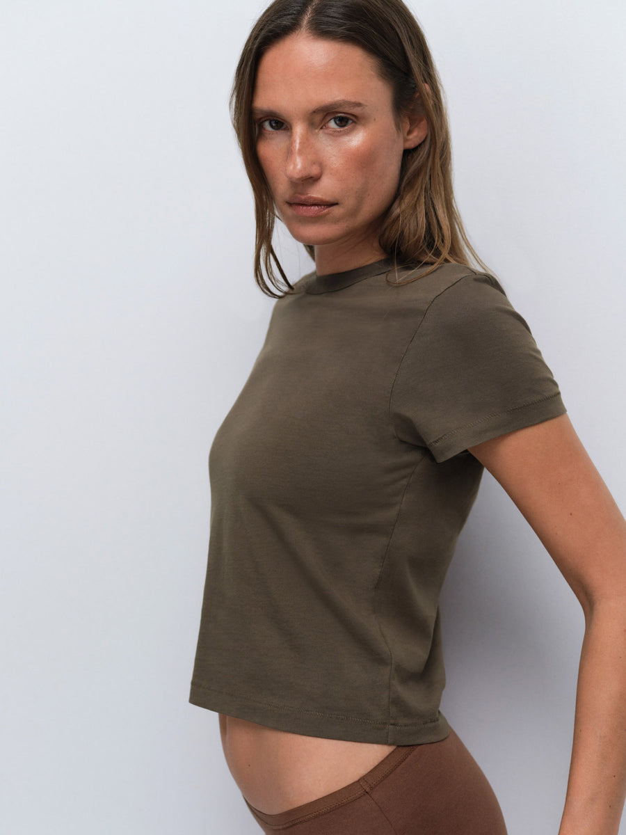 Organic Comfort Triangle Bralette Mid Rise Bikini in Espresso — product photo
