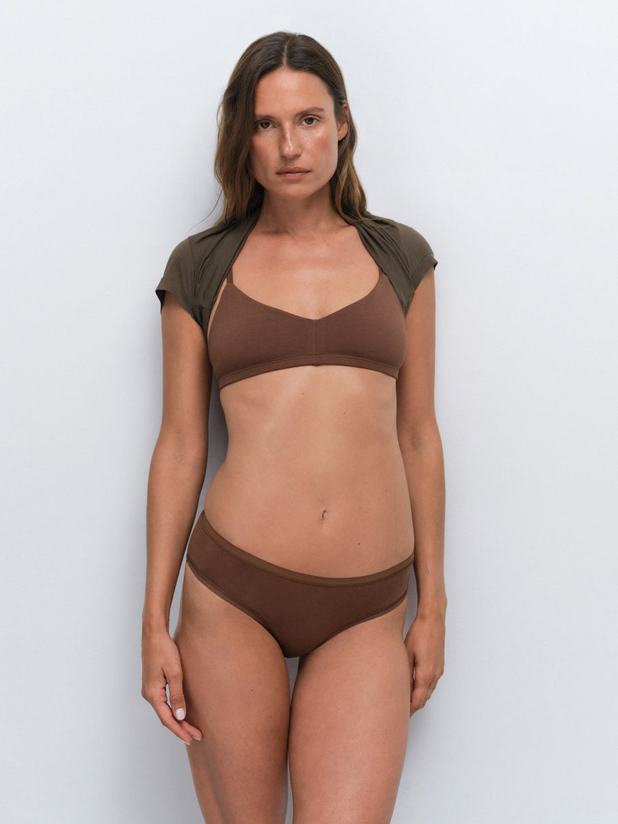 Organic Comfort Triangle Bralette Mid Rise Bikini in Espresso — product photo