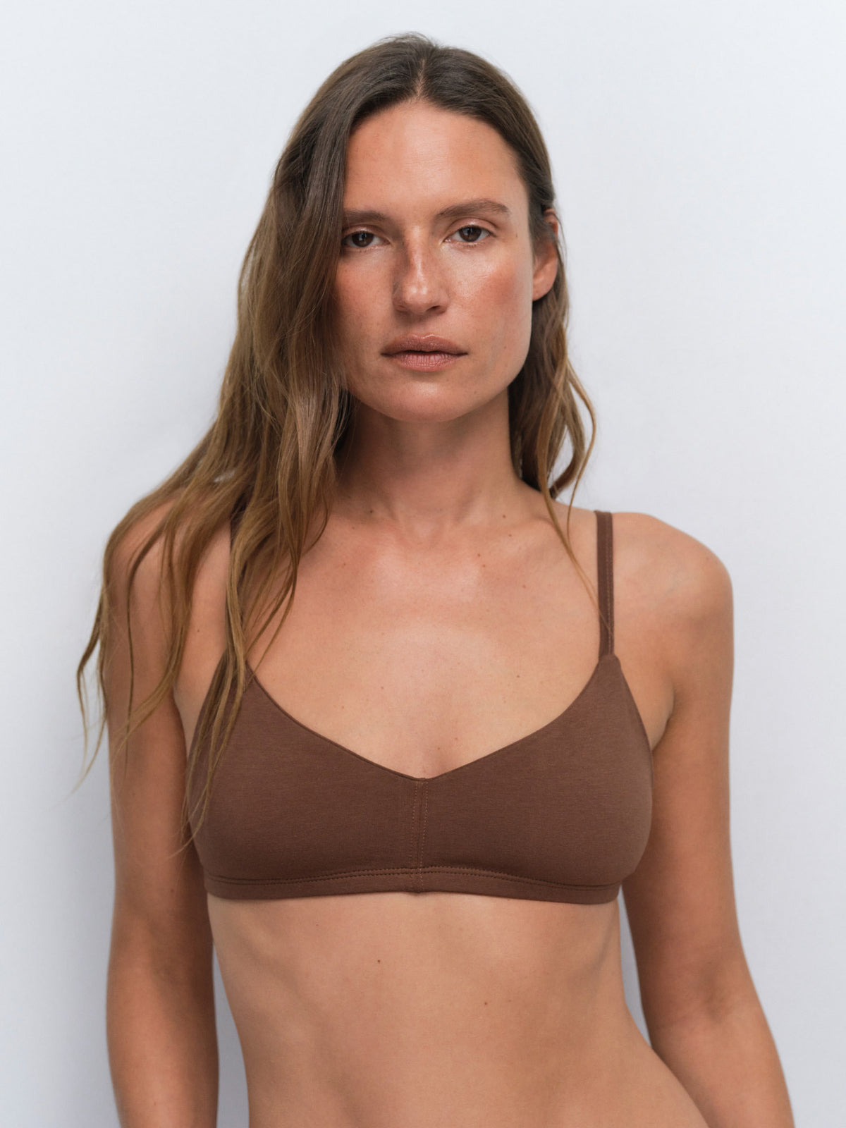Organic Comfort Triangle Bralette Mid Rise Bikini in Espresso — product photo
