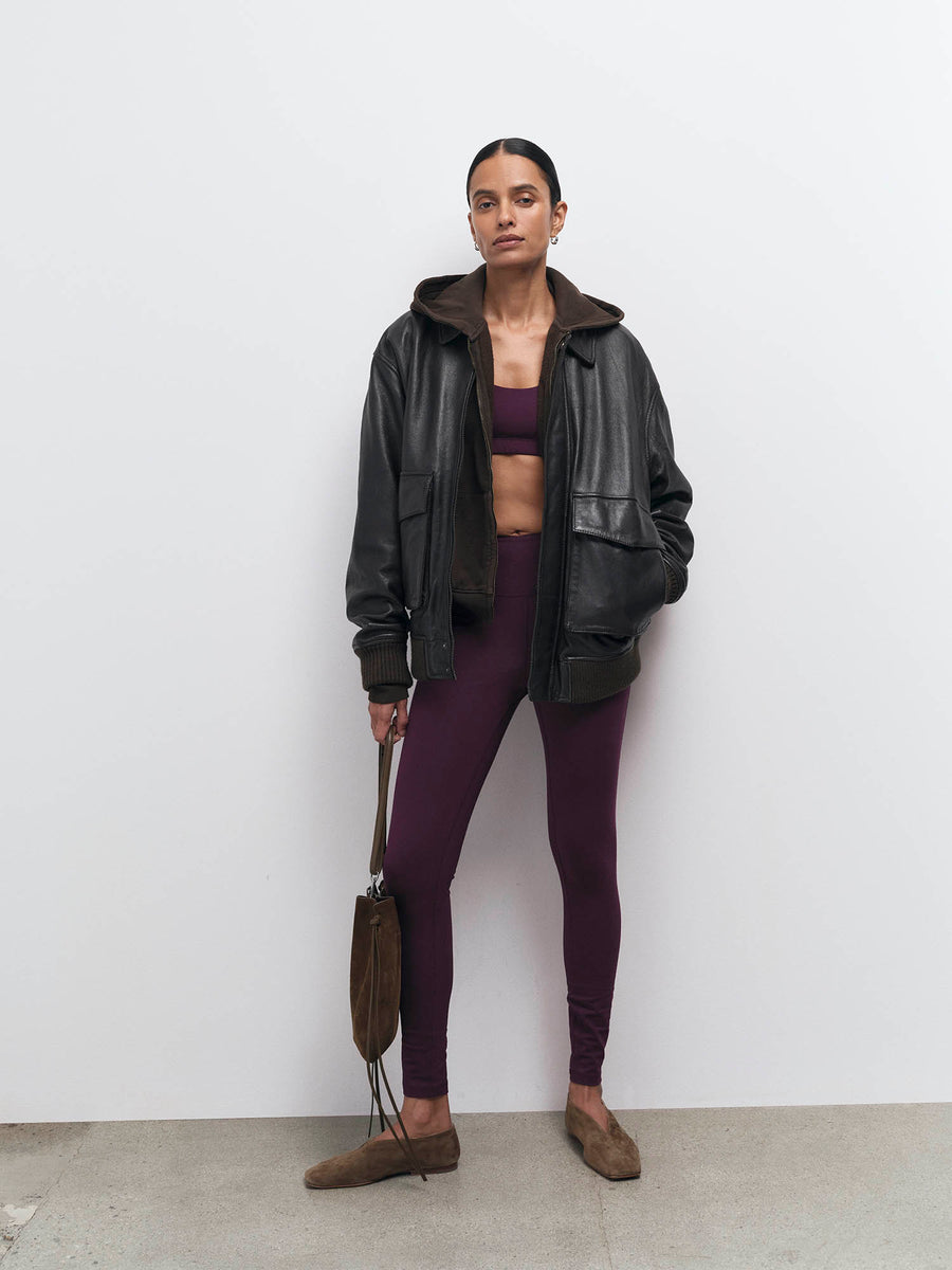 Fig organic stretch scoop bra and legging styled with a black leather jacket – MATE the Label