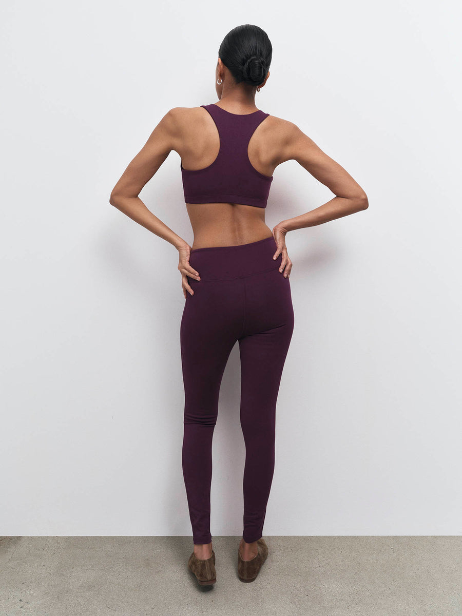 Back view of organic stretch scoop bra and full length legging in Fig – MATE the Label